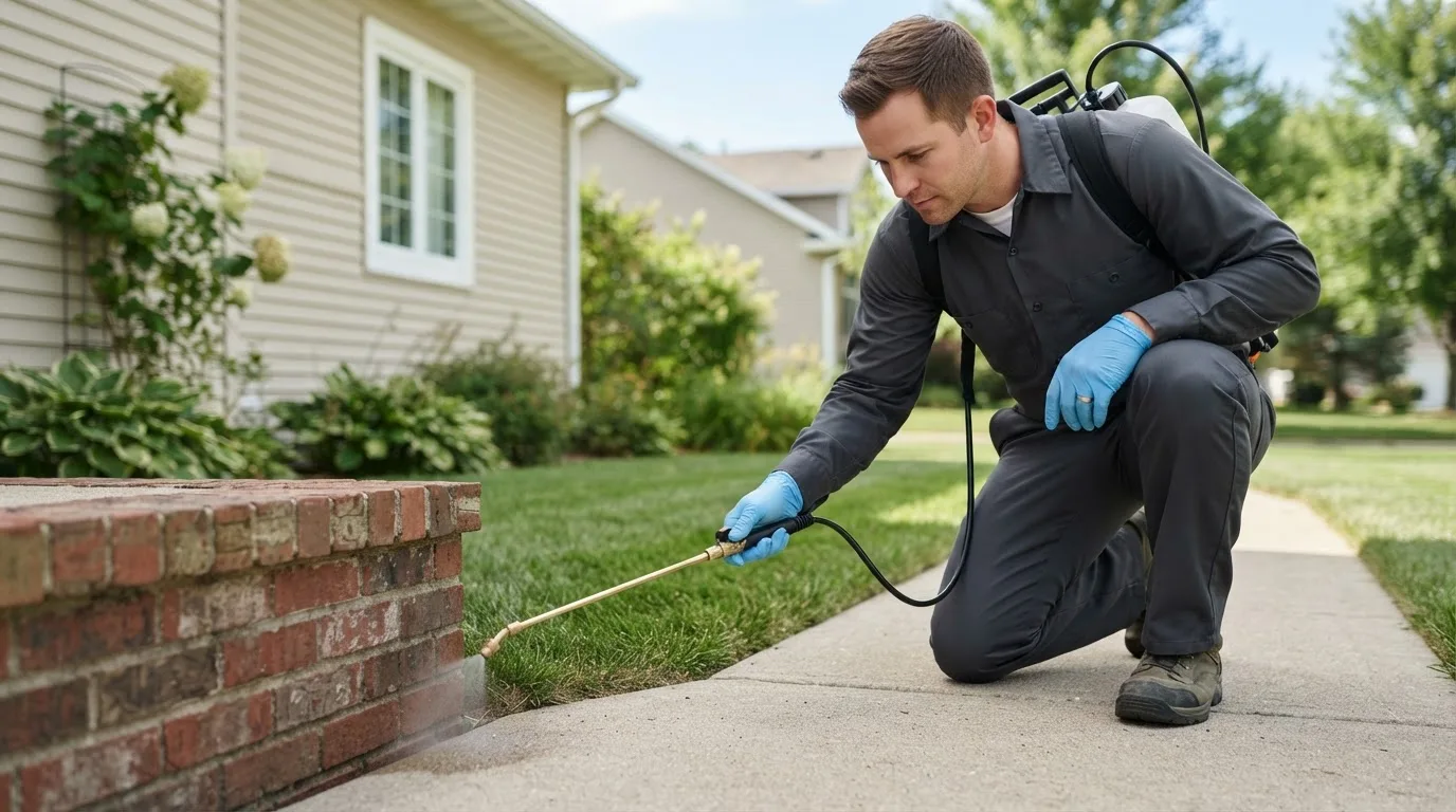 Pest control technician treating a home near West, TX